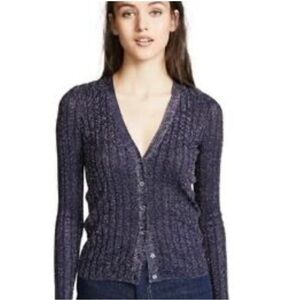 Veronica Beard Toll Ribbed Metallic Knit Cardigan in Navy